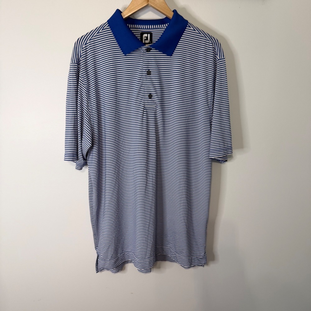 FootJoy Mens ProDry Striped Golf Polo Shirt Blue White Size Large FJ Logo
